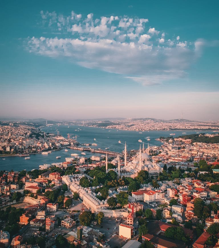 A breathtaking aerial view of Istanbul with the Blue Mosque and Bosphorus under a clear sky.
