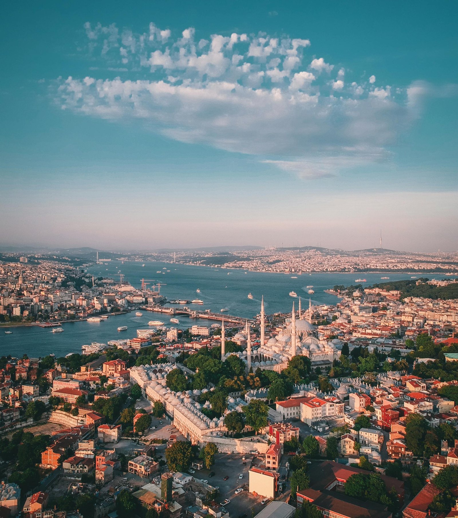 A breathtaking aerial view of Istanbul with the Blue Mosque and Bosphorus under a clear sky.